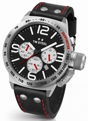 Mens TW Steel 45mm Canteen Black Leather Black Dial Date Chronograph Watch CS7