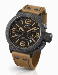 Mens TW Steel 50mm Canteen Brown Leather Black Dial Case Chronograph Watch CS44