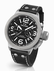 Mens TW Steel 50mm Canteen Black Leather Black Dial Date Chronograph Watch CS4