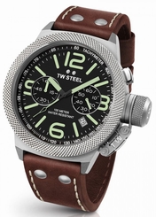 TW Steel Canteen Mens Silver 45mm Chronograph Watch Brown Leather Strap CS23