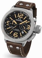 TW Steel Canteen Mens Silver 45mm Chronograph Watch Brown Leather Strap CS33