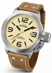 Fake AAA TW Steel Canteen Mens Silver 45mm Quartz Watch Cream Dial Tan Leather Strap CS11 Watch