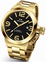Mens TW Steel 45mm Canteen Gold Tone Stainless Steel Black Dial Date Watch CB91