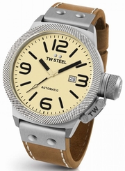TW Steel Canteen Mens Silver 45mm Automatic Watch Cream Dial Leather Strap CS15