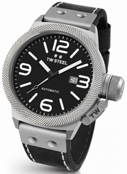 TW Steel Canteen Mens Silver 50mm Automatic Watch Black Leather Strap CS6
