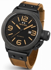 TW Steel Canteen Mens 50mm Automatic Watch Black Dial Brown Leather Strap CS46