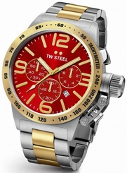 TW Steel Canteen Men's Silver & Gold 45mm Chronograph Watch Red Dial (CB73)