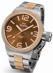 TW Steel Canteen Mens Silver & Rose Gold 45mm Automatic Watch Brown Dial CB155