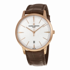 Vacheron Constantin Patrimony Silver Opaline Dial Dark Brown Leather Mens Watch