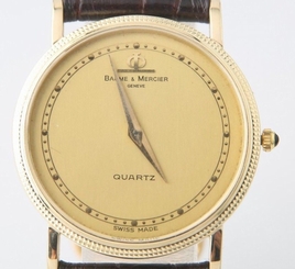 Men's Vintage �� Baume & Mercier 14k Yellow Gold Quartz Watch Black Leather Band