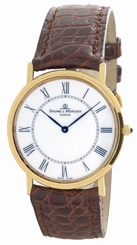 Baume & Mercier Mens Mid-Size 14K Case White Dial Brown Croc Strap Watch 95605