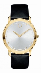 New! Movado Sapphire Silver-Toned Dial Men's Black Calfskin Strap Watch 0606695
