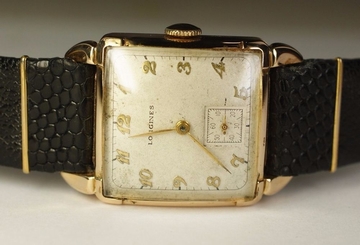 Longines 14K Solid Gold Square 17J 10L Vintage 1940's Swiss Watch Black Leather