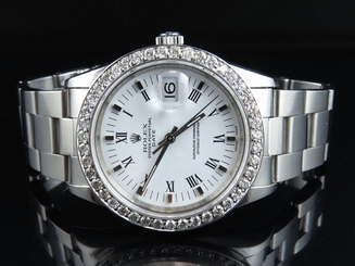 Original Rolex Date 15210 Oyster 34 MM Unisex White Dial Diamond Watch 2.5 Ct
