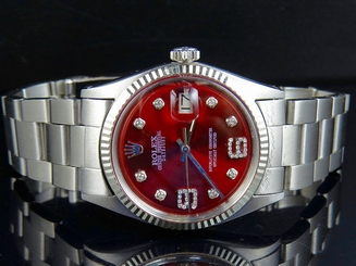 Mens Rolex Datejust 18K S.Steel Fluted Bezel 36MM Oyster Red Dial Diamond Watch