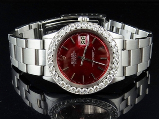 Mens Rolex Datejust Stainless Steel Oyster 36 MM Red Dial Diamond Watch 5.0 Ct