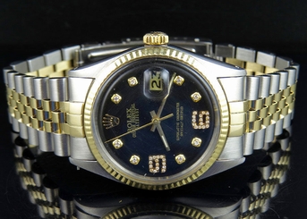 Mens Rolex Datejust 2 Tone 18K/Steel Fluted Bezel 36MM Black Dial Diamond Watch