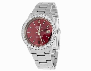 Mens Rolex Datejust Stainless Steel Oyster 36 MM Red Dial Diamond Watch 5.5 Ct