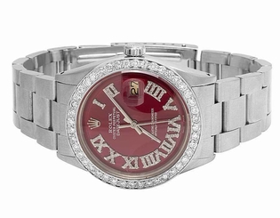 New Rolex Datejust Oyster Perpetual Red Roman Dial 36 MM Diamond Watch 3.35 Ct
