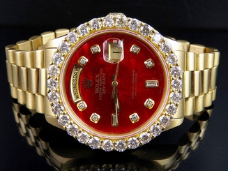 18K Mens Yellow Gold Rolex President Day-Date 36MM Red Dialt Diamond Watch 5.5CT