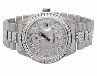 Pre-Owned Mens Rolex President Day-Date 18k White Gold Diamond Watch 12 Ct