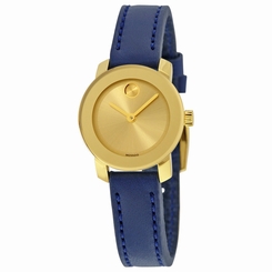 Movado Bold Yellow Gold Tone Sunray Dial Navy Leather Strap Ladies Watch 3600330