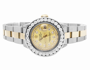 Ladies Two Tone 18K/ Steel Rolex Datejust Oyster String Dial Diamond Watch 4 Ct