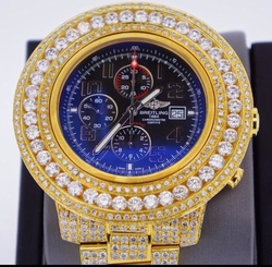 34 Carats Diamond Breitling Super Avenger 2 Watch A13371 14k Gold Plated ASAAR