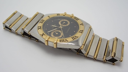 OMEGA WOMENS CONSTELLATION BLACK FACE TWO TONED STAINLESS STEEL BAND