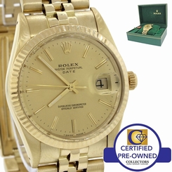  1986 Vtg Rolex Date 15037 34mm Solid 14K Gold Champagne Watch DateJust w/ Box