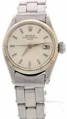 Ladies Vintage Rolex Date 18K White Gold Bezel S/S Watch 6517