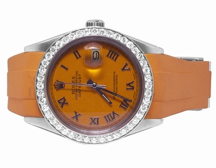 Sporty Custom Rolex Datejust Orange Rubber Band 36MM Diamond Watch 2.5 Ct