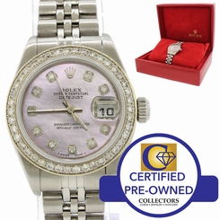 Ladies Rolex DateJust Steel 79174 26mm Pink MOP Diamond Bezel Watch w/ Box
