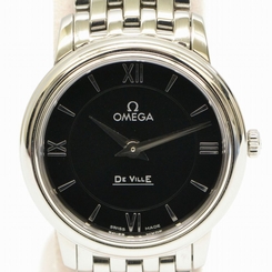 Authentic Omega DeVille Prestige Wrist Watch Quartz Black Silver Women Ladies SS
