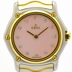 Auth EBEL Classic Wave 18k/SS 12P diamond Pink shell Dial Women's Watch #3461