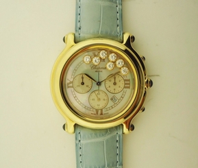 18K Yellow Gold Chopard Happy Sport Diamond & Sapphire Chronograph Ladies Watch