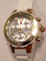 Fake AAA MICHELE TAHITIAN WHITE SILICONE YELLOW GOLD TONE CHRONO DATE WATCH  MWW12F000077 Watch