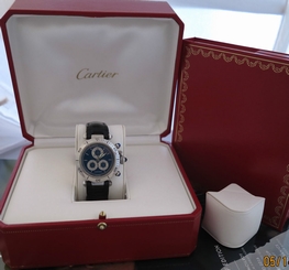 CARTIER SWISS WATCH PASHA STAINLESS STEEL CHRONOGRAPH BLUE DIAL ALLIGATOR STRAP