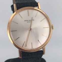 Vintage Patek Phillippe Geneve 18KT Gold Black Leather Strap Men's Wristwatch