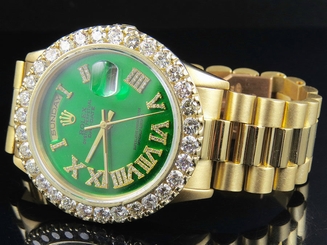 18K Yellow Gold Mens Rolex Green Dial President Day-Date Prong Diamond Watch 6.3