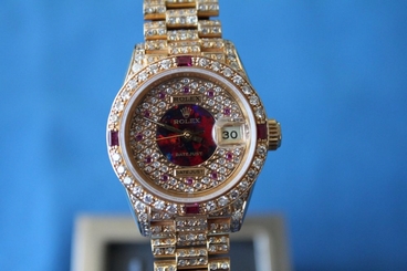 ROLEX LADIES PRESIDENT OYSTER PERPETUAL DATEJUST 18K GOLD DIAMOND & RUBIS WATCH