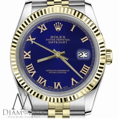Blue Roman Numeral Mens Rolex 36mm Datejust 18K Gold & Stainless Steel Jubilee