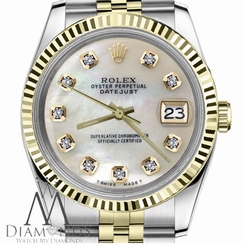 Ladies Rolex 31mm Datejust2Tone White MOP Mother Of Pearl Diamond Dial