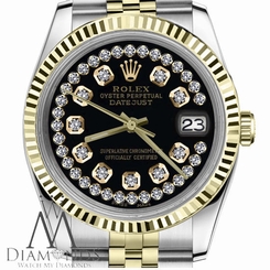 Glossy Black Mens Rolex 36mm Datejust 18K 2T String Diamond Dial Jubilee Watch