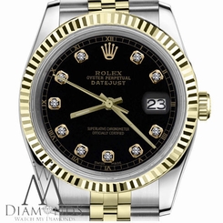  Men`s Rolex 36mm Datejust2Tone Black Color Dial with Diamond Accent