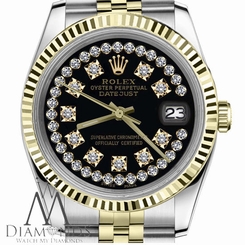 Black String Diamond Face Mens Rolex 36mm Datejust 18K Gold 2Tone Jubilee Watch