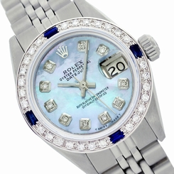 Rolex Stainless Steel Datejust 6917 Sky Blue MOP Diamond & Sapphire Watch