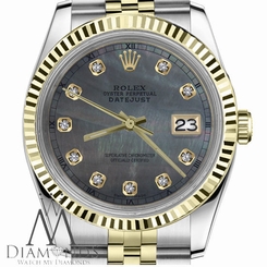 18K Gold & SS Mens Rolex 36mm Datejust Black MOP Mother Of Pearl Dial w Diamonds