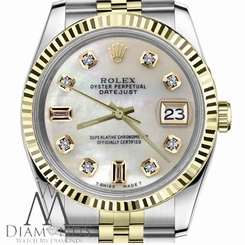 Mens Rolex 36mm Datejust2Tone White MOP Mother Of Pearl 8+2 Diamond Dial