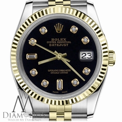 Black Mens Rolex 36mm Datejust 18K/SS 2Tone 8+2 Diamond Accent Classic Jubilee